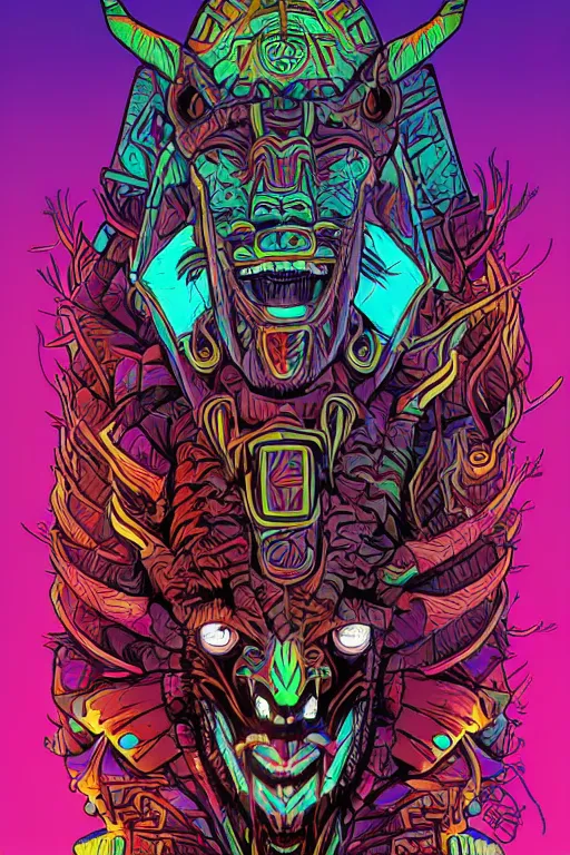 Image similar to totem animal tribal chaman vodoo mask feather gemstone plant video game illustration vivid color borderlands by josan gonzales and dan mumford radiating a glowing aura