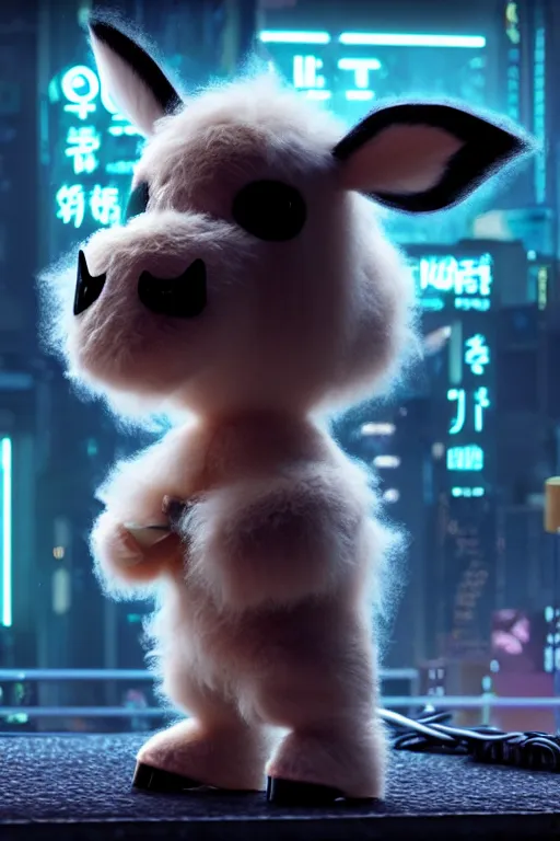 Image similar to high quality 3 d render very cute fluffy! cyborg cow plays guitar, cyberpunk highly detailed, unreal engine cinematic smooth, in the style of blade runner & detective pikachu, hannah yata charlie immer, moody light, low angle, uhd 8 k, sharp focus