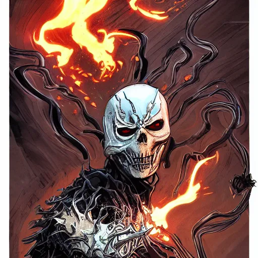 Image similar to ghost rider symbiote, comic strip style, dynamic lighting, fantasy concept art, trending on art station, stunning visuals, creative, cinematic, portrait, ultra detailed