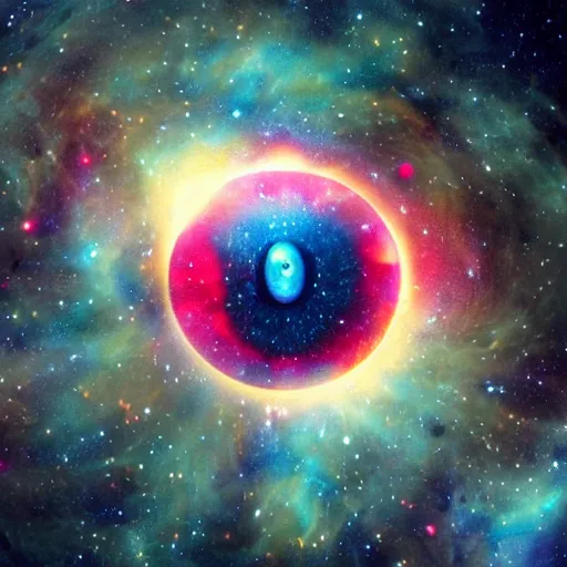 Image similar to Extreme close up on an eyeball and inside the eyball there is a colorful nebula with a human fetus floating in the center