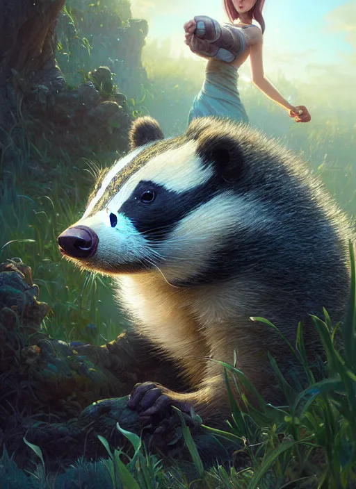 Image similar to highly detailed portrait of a cute badger, unreal engine, fantasy art by greg rutkowski, loish, rhads, ferdinand knab, makoto shinkai and lois van baarle, ilya kuvshinov, rossdraws, tom bagshaw, alphonse mucha, global illumination, radiant light, detailed and intricate environment