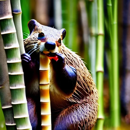 Image similar to wildlife photography of a beaver chewing down a bamboo shoot, f / 1. 8, soft focus, 8 k, national geographic