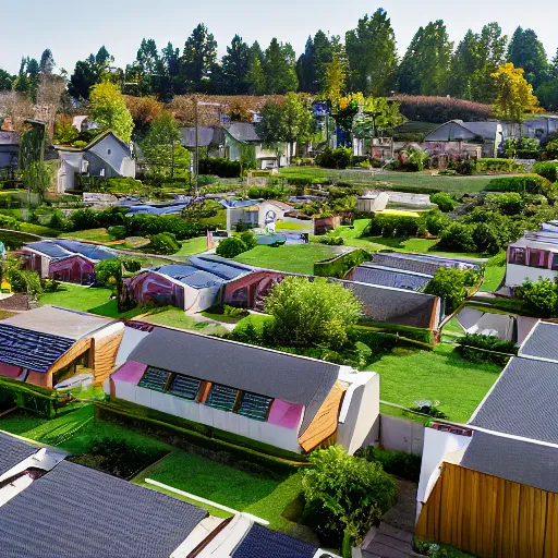 Image similar to wide angle shot of an idyllic suburban neighborhood with rooftop gardens and sustainable energy initiatives, lots of beautiful modern single family homes :: modern architecture