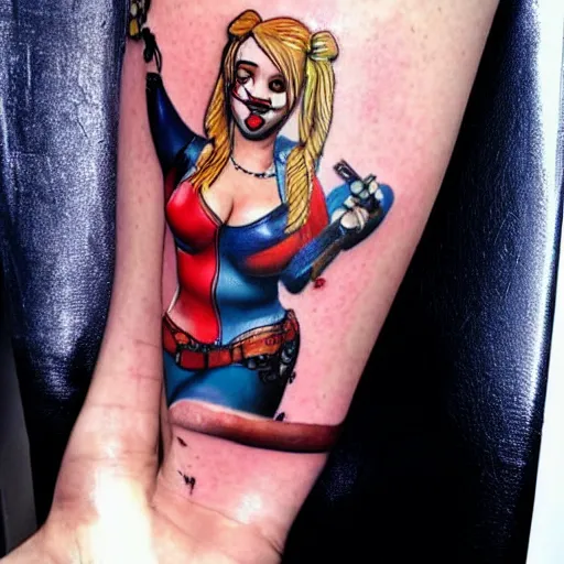 Image similar to a tatoo depicting jennifer lawrence as harley quinn, photo