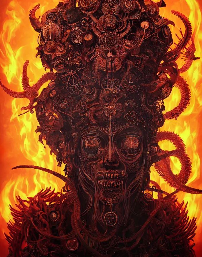 Prompt: demon goddess close-up portrait tribal slavic russian monk in hooded robe skull, sitting on intricate throne, ancient high tech, cyberpunk, dystopian, jellyfish phoenix dragon, butterfly squid, burning halo, intricate artwork by Tooth Wu and wlop and beeple, artgerm, very coherent symmetrical artwork, cinematic, hyper realism, high detail, octane render, unreal engine, 8k, Vibrant colors, Smooth gradients, High contrast, depth of field, aperture f1.2