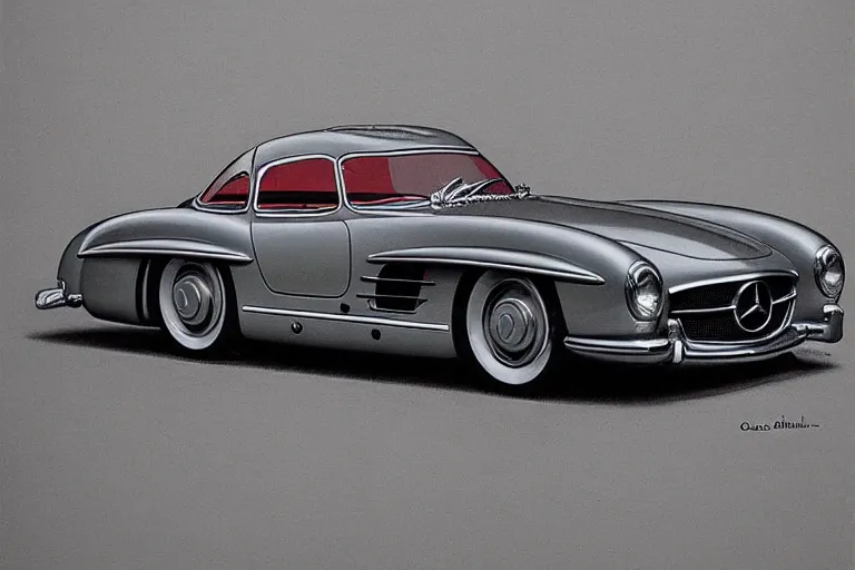 Image similar to intricate, 3 d, 1 9 5 5 mercedes ( ( ( 5 0 0 sl ) ) ), style by caspar david friedrich and wayne barlowe and ted nasmith.