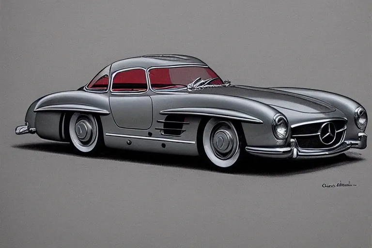 Prompt: intricate, 3 d, 1 9 5 5 mercedes ( ( ( 5 0 0 sl ) ) ), style by caspar david friedrich and wayne barlowe and ted nasmith.