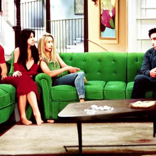 Prompt: still image from friends season 3 coffee shop green couch small cosy new york hd realistic