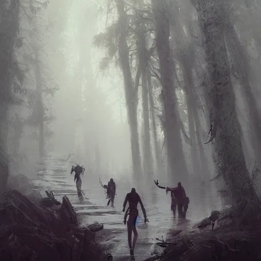 Prompt: a foggy miasma, attacking a group of adventures running through a forest, fantasy art by greg rutkowski