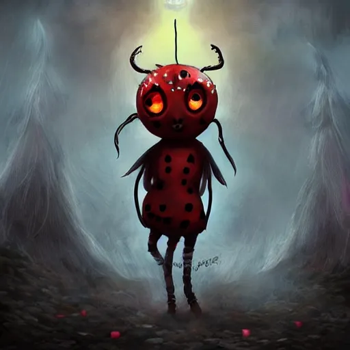 Prompt: ladybug as a monster, fantasy art style, scary atmosphere, nightmare - like dream, cinematic lighting