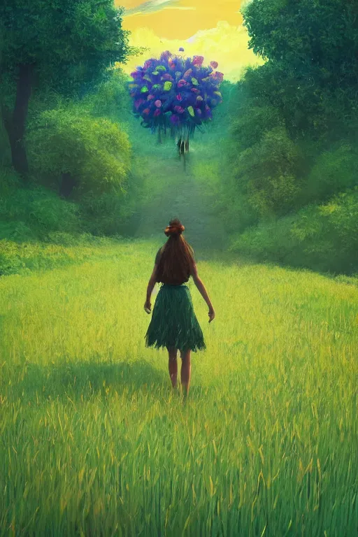 Image similar to giant corn flower head, girl walking in a green valley, surreal photography, sunrise, dramatic light, impressionist painting, colorful clouds, digital painting, artstation, simon stalenhag