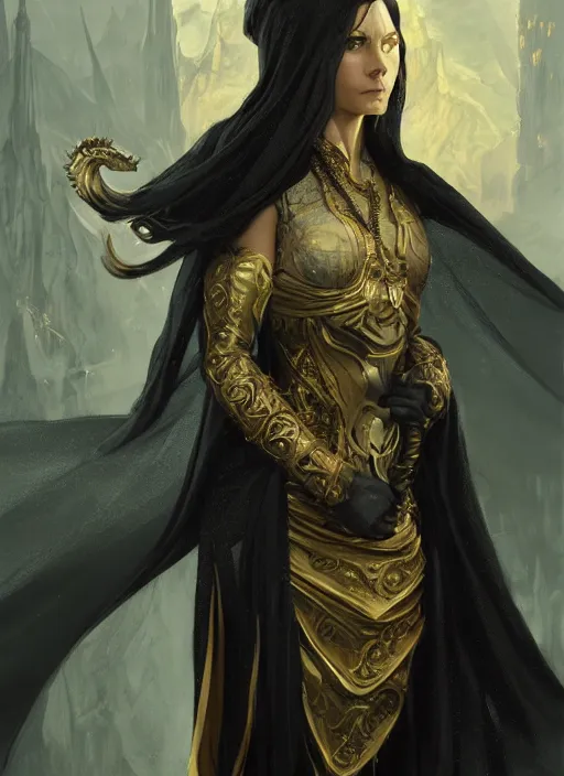 Image similar to medium-length portrait of a female dragonborn wizard with black scales and golden eyes, wears a dark robe, medieval fantasy setting, highly detailed, digital painting, artstation, concept art, sharp focus, illustration, art by greg rutkowski and alphonse mucha