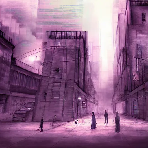 Prompt: a desolate, abandoned cityscape with ethereal figures floating through the streets, digital art, harsh lighting