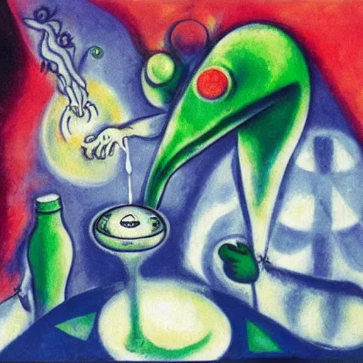 Image similar to an alien drinking horchata, detailed, painting by marc chagall