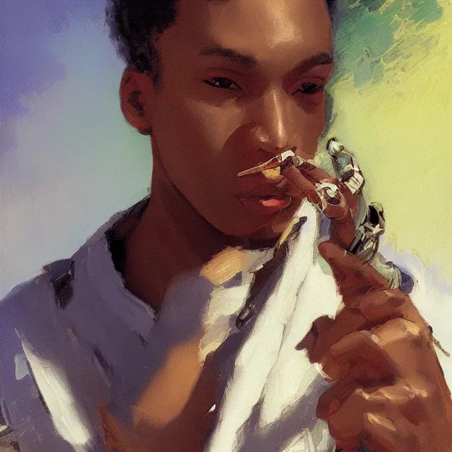 Image similar to 2 0 year old black man, with short hair, smoking tobacco, sitting in a pool of money, portrait, elegant, intricate, digital painting, artstation, concept art, smooth, sharp focus, illustration, art by konstantin korovin and daniel f. gerhartz and john howe