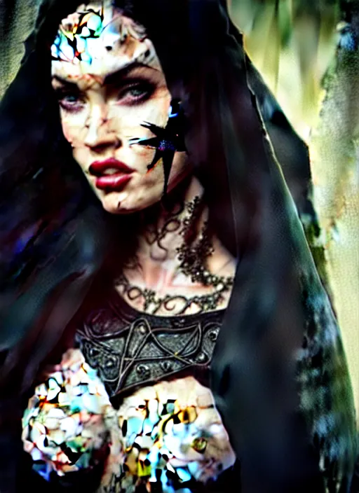 Image similar to megan fox witch queen, black eyes, blood, full body, intricate victorian dress, middle shot, cinematic lighting, studio quality, symmetrical eyes, caravaggio, artgerm, joshua middleton, rafael albuquerque, moody lighting, candles