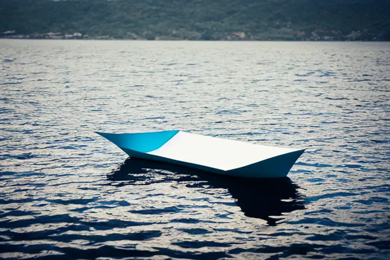 Prompt: a large paper boat floating in the ocean - n 2