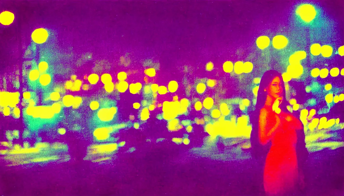 Prompt: colorful instant photograph of beautiful full woman in a city at night, polaroid, light leak, raw, nostalgic