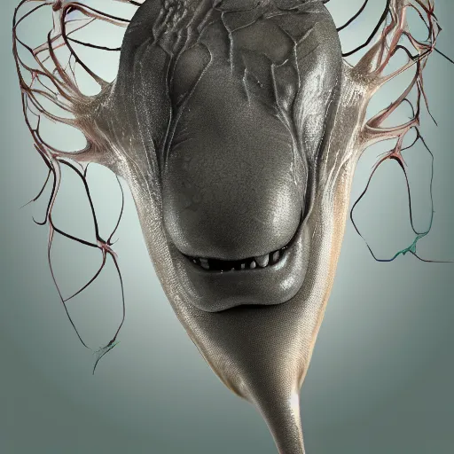 Prompt: a high resolution photo of a complex head, grown together various animal eyes, amphibia hairless veins wrinkles morphing nature documentary, cracked plastic wrap, dolphin gills morph scales merged in fur skin, wrinkled muscles skin, veins merged feet head, displacement, distorted animal head face eyes arms tail 1 5 1