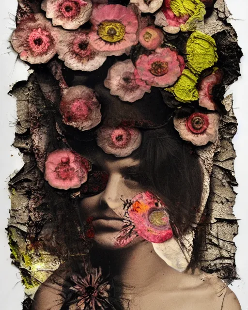 Prompt: the end of the world, different women's faces, cut and paste collage, mutated flowers, burnt, soft glow, 1 9 6 0 s, hypnotized, gritty texture, radioactive, dystopian, serene emotions