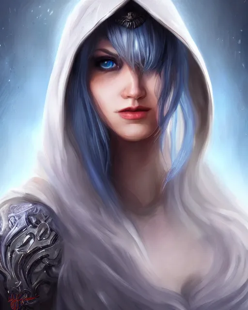 Image similar to A beautiful mysterious girl with hooded cobalt-blue eyes and silky white hair, guitar shape build, her wardrobe is attractive, full body, fantasy art, in the style of Fernando Juarez, illustration, epic art, fantasy, intricate, elgant, amazing detail, digital painting, artstation, concept art, smooth, sharp focus