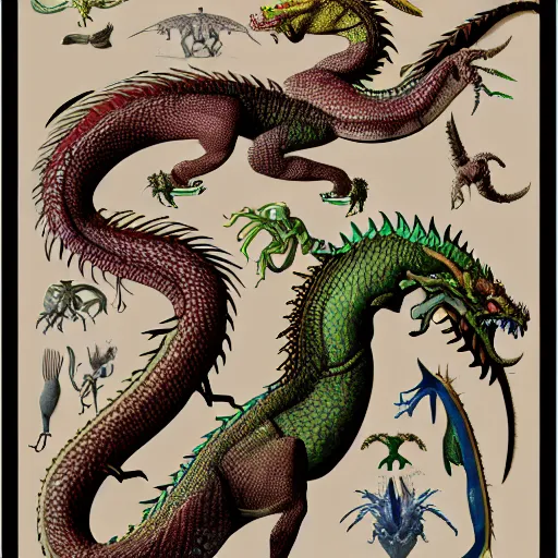 Prompt: scientific illistration of a species of dragon showing an examples of a males and female of each the species, biological illustrations, art by john james audubon robert stebbins and terryl whitlatch and david sibley and charles darwin, highly detailed, intricately detailed, 8 k, trending on artstation