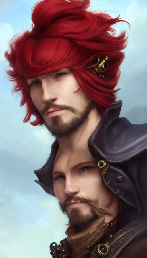 Image similar to portrait of a male pirate with flowing red hair!!!!!!, handsome, side profile, Steampunk airship!!!!!!!, D&D, fantasy, simple clothing!!!!, elegant, highly detailed, digital painting, deviantart, artstation, concept art, sharp focus, illustration, art by Artgerm and Greg Rutkowski and Alphonse Mucha