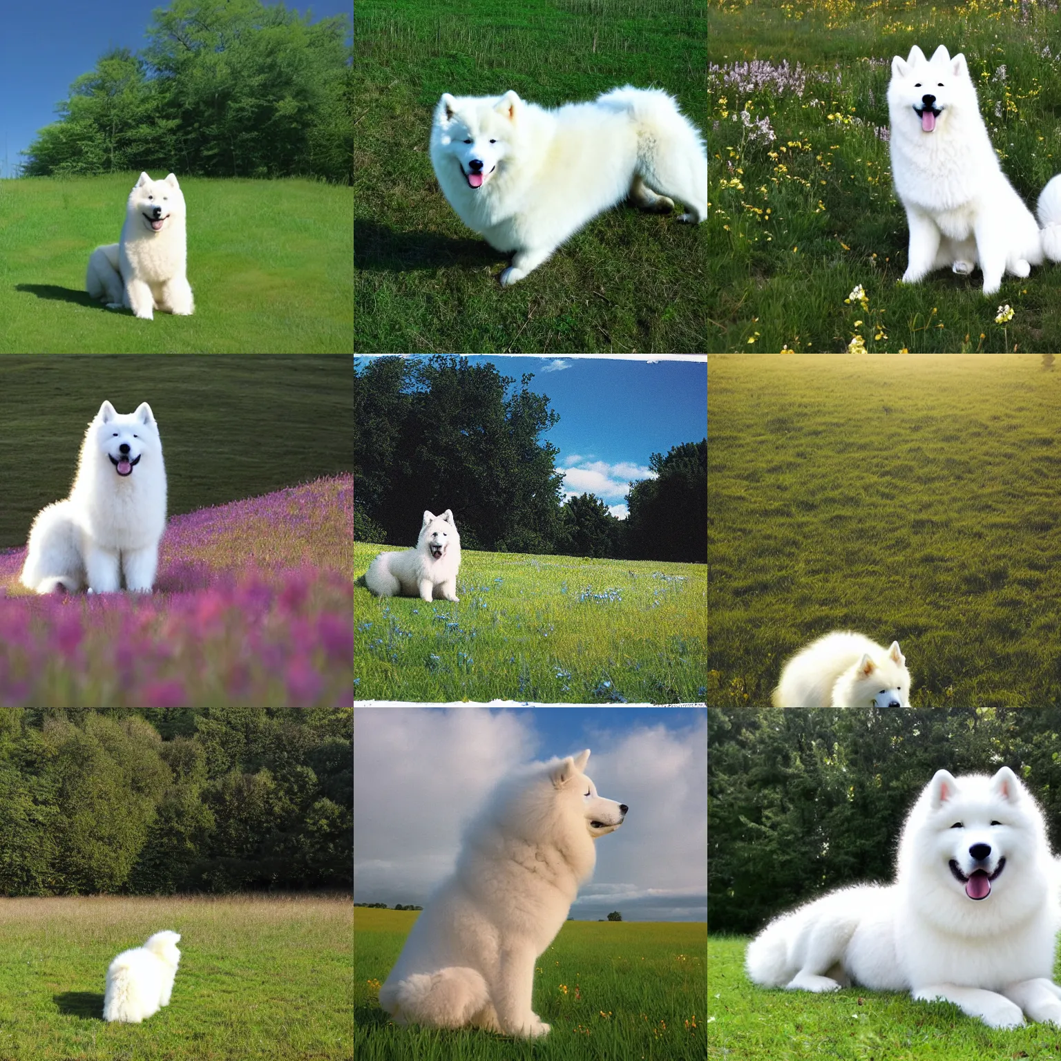 Prompt: a samoyed dog sitting in the middle of sunny meadow, by Hayao Miyazaki