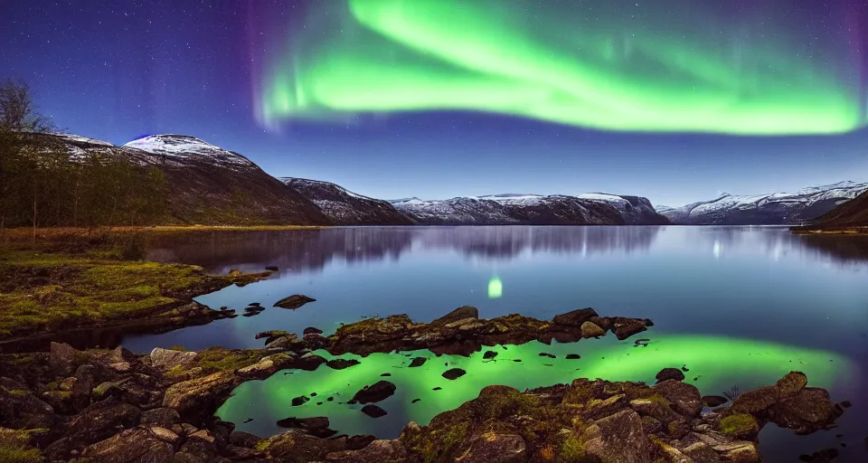 Prompt: a Norwegian fjord surrounded by mountains at night with the northern lights overhead, trees, completely still mirror water reflecting the sky