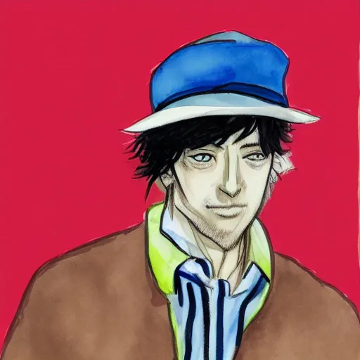 Image similar to a drawing of a man wearing a hat, a gouache by Hirohiko Araki, tumblr contest winner, modern european ink painting, watercolor, colorized, art on instagram