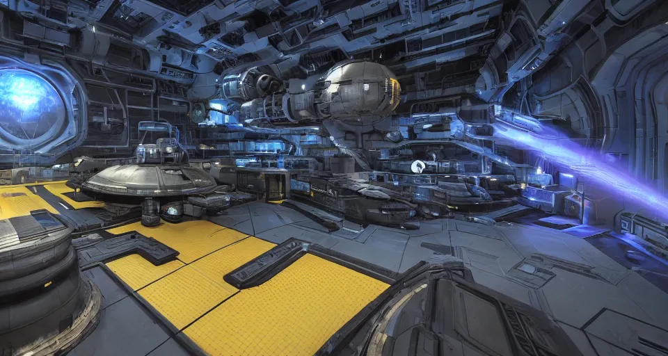 Sci-Fi Ambience: Explore the Futuristic Ambiance of the Space Station Hangar,  Your Spaceship Awaits 