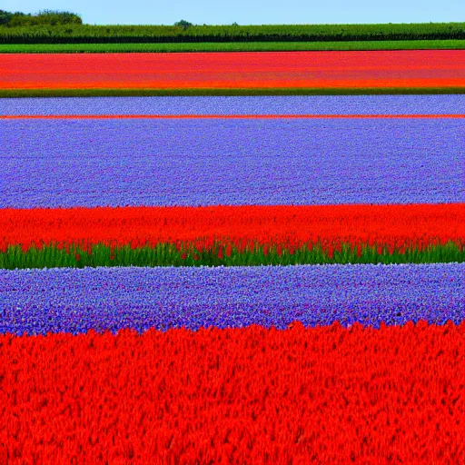 Image similar to A 4k photo of a field of tulips, blue skies, high contrast, early morning