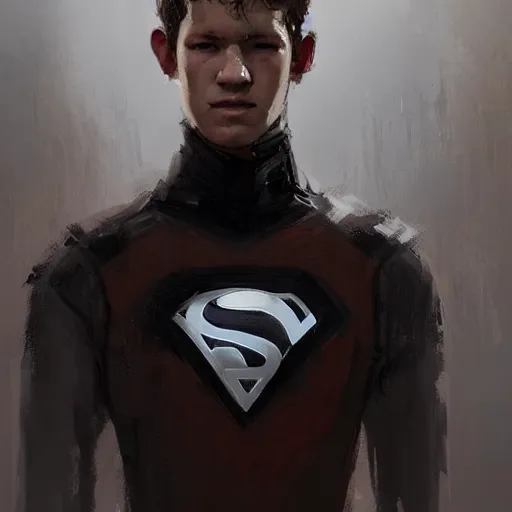 Image similar to portrait of a man by greg rutkowski, he looks like tye sheridan, he is about 2 0 years old, messy brown hair, tired eyes, he is wearing a black and white keblar superhero suit, highly detailed portrait, digital painting, artstation, concept art, smooth, sharp foccus ilustration, artstation hq