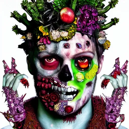 Prompt: a portrait of a punk rock zombie, skin made of crystals fruit and flowers, Baroque, Arcimboldo, character design, ultra realistic