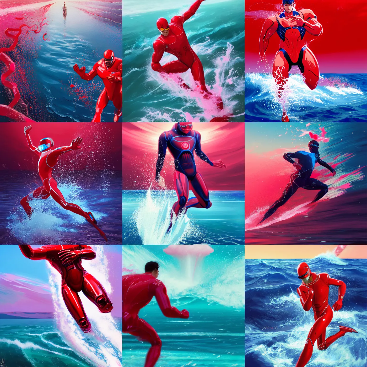 Prompt: a man in red cybernetic suit running in mach 3 super speed on a serene pink ocean, water splash, tsunami behind him, speed blur, visually stunning, majestic, by wlop, james jean, ilya kuvshinov, ruan jia