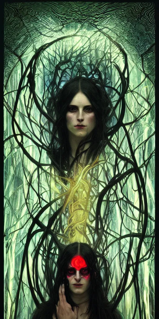 Image similar to intense roaring screaming glowing black metal pagan god with ram horns and veins and intense glowing eyes in very dark forest by karol bak and alphonse mucha, portrait, fantasy, clear, light beams, lens flare, intense, uhd, red and teal and shining polished gold, amazing depth, cinematic lighting