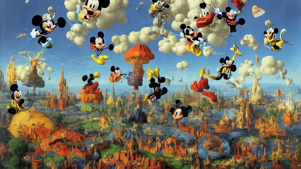 Prompt: mickey mouse surrounded by a single colorful! ( lovecraftian ) humanoid fungus tower white! clear empty sky, a high contrast!! ultradetailed photorealistic painting by jan van eyck, audubon, rene magritte, agnes pelton, max ernst, walton ford, andreas achenbach, ernst haeckel, hard lighting, masterpiece