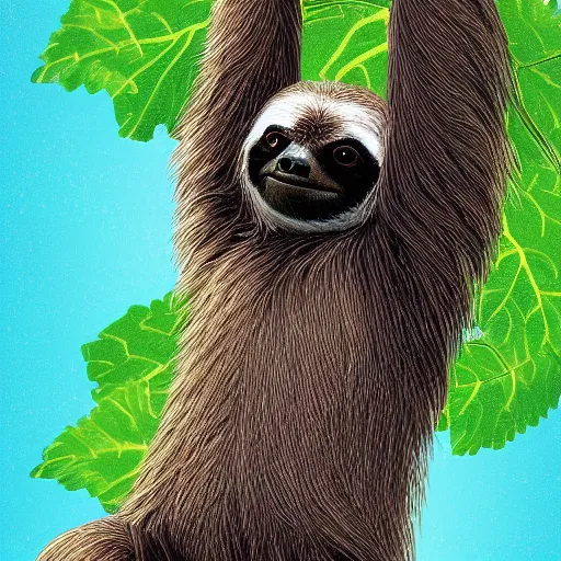 Image similar to digital painting of an energetic young sloth with big eyes swinging on a vine