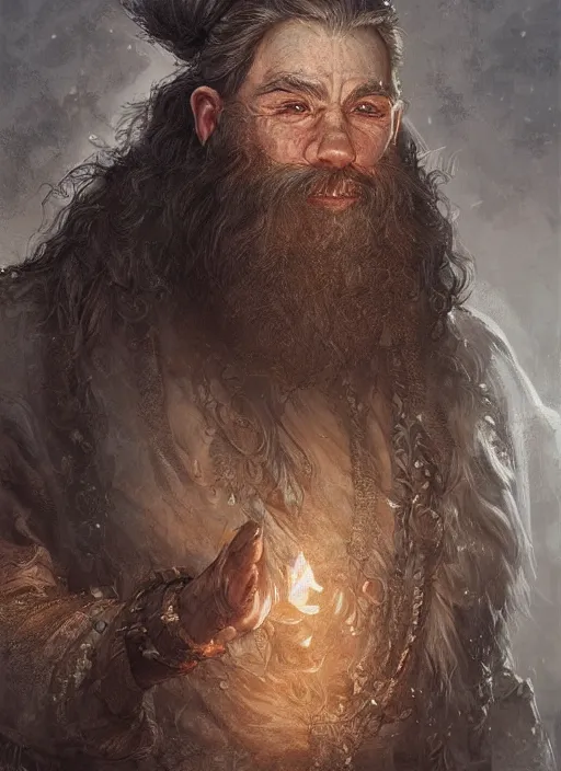Image similar to realistic portrait painting of a male fantasy dwarf warrior, old mystic ruins, afternoon, intricate, elegant, highly detailed, digital painting, sharp, focus, by artgerm and greg rutkowski