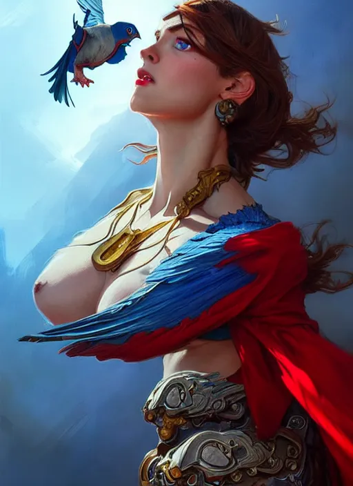 Image similar to portrait of aggressive pigeon, d & d, muscular! blue and red, fantasy, intricate, elegant, highly detailed, digital painting, artstation, concept art, smooth, sharp focus, illustration, art by artgerm and greg rutkowski and alphonse mucha