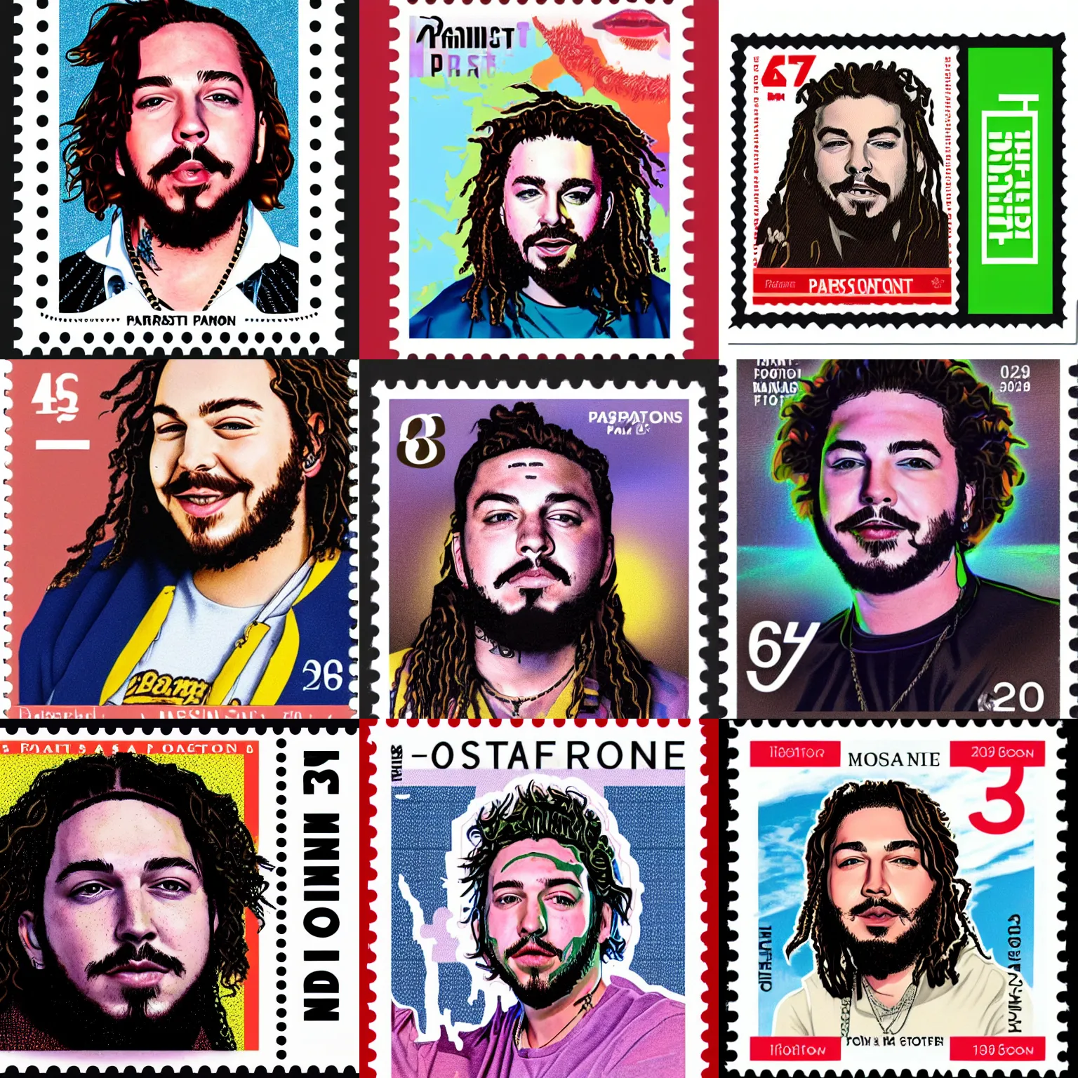 Prompt: portrait of post malone on a postage stamp
