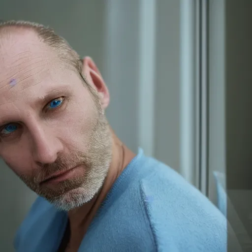 Prompt: color portrait of a middle aged balding blue eyed white male model By Emmanuel Lubezki