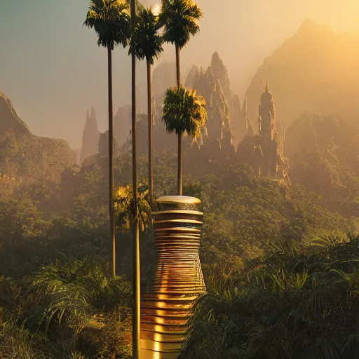 Image similar to photo of vertical golden tower, stacked ancient village, arid mountains and lush palm forest, photo realism, sharp focus, octane, golden hour