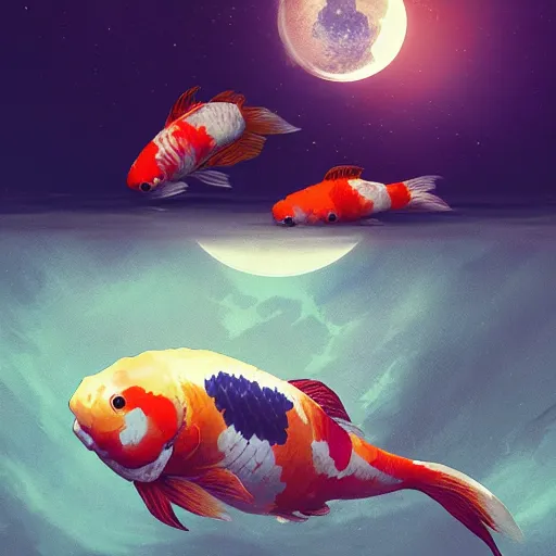 Prompt: a sphere aquarium with two cute koi fish. the aquarium is floating in space, in the size of a planet. the moon is seen in the background. illustration, realistic, by greg rutkowski and ash thorp, vivid colors, detailed, trending on artstation, high quality, cinematic