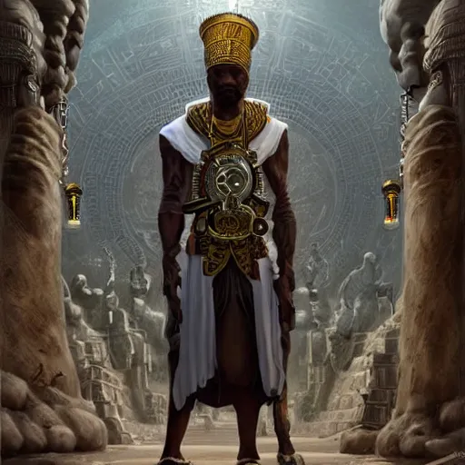 Image similar to an african moor wearing white robes and turban in the valley of the kings, ornate steampunk stargate, front game card, marvel comics, dark, intricate, highly detailed, smooth, artstation, digital illustration by ruan jia and mandy jurgens and artgerm and wayne barlowe and greg rutkowski and zdislaw beksinski.