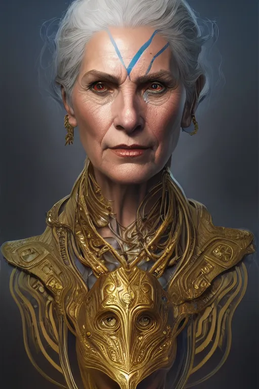 Image similar to portrait of a middle aged grey haired woman in the style of god of war, golden machine parts, intricate, elegant, highly detailed, digital painting, artstation, concept art, smooth, sharp focus, illustration, art by artgerm and greg rutkowski and alphonse mucha, 8 k