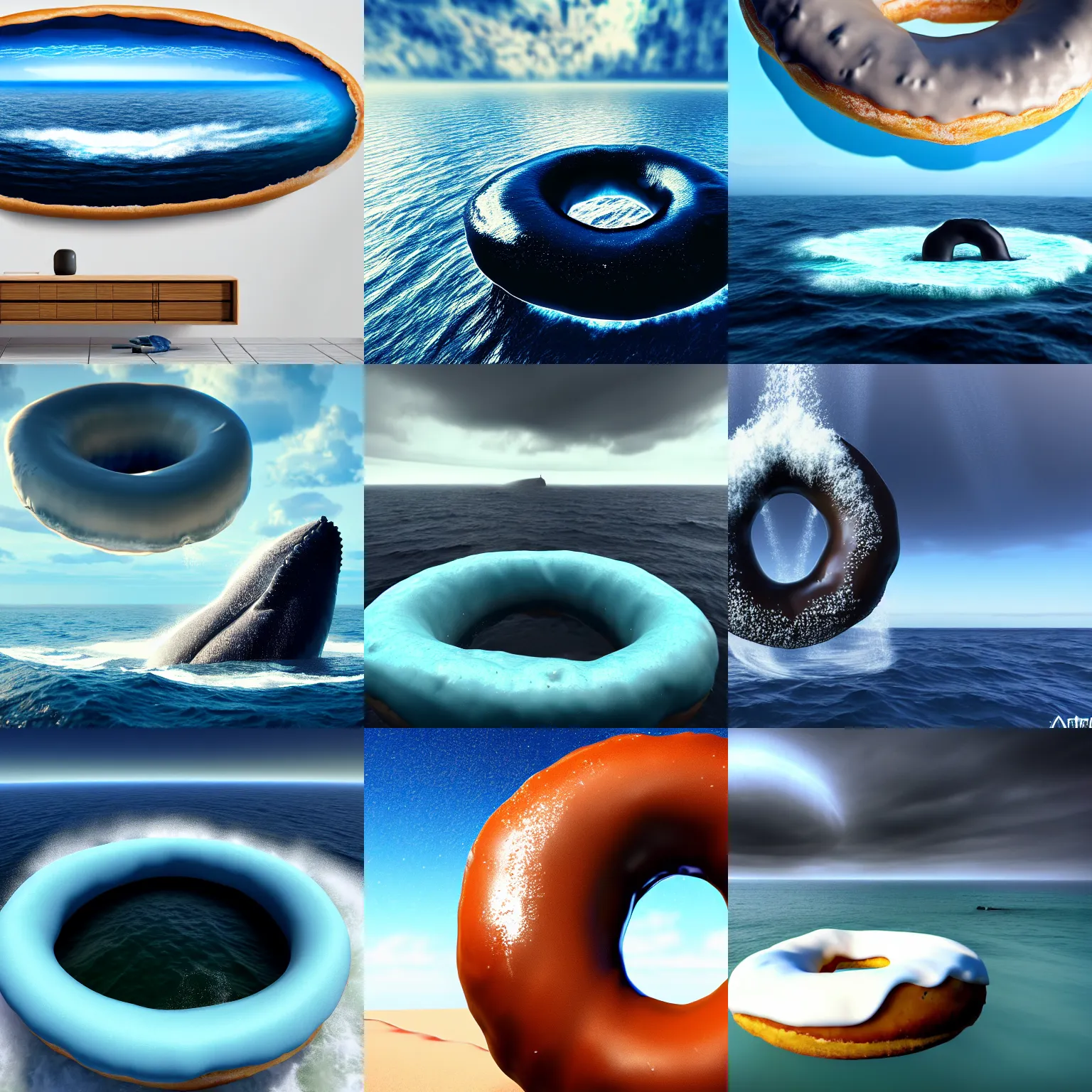 Prompt: a giant donut with an ocean filled in the middle, whales jumping out of water, cloudy skies with godrays, realism, 4 k, trending on artstation