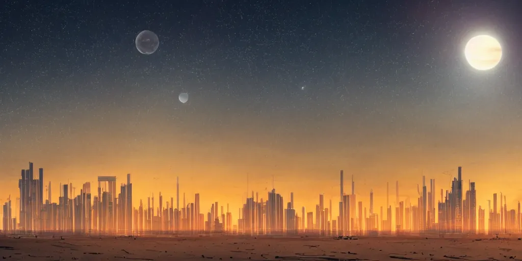 Image similar to a high detail photograph of a sunset at a beach, cyberpunk city in the distance, night time, two moons in the sky, realism, 8 k, award winning photograph