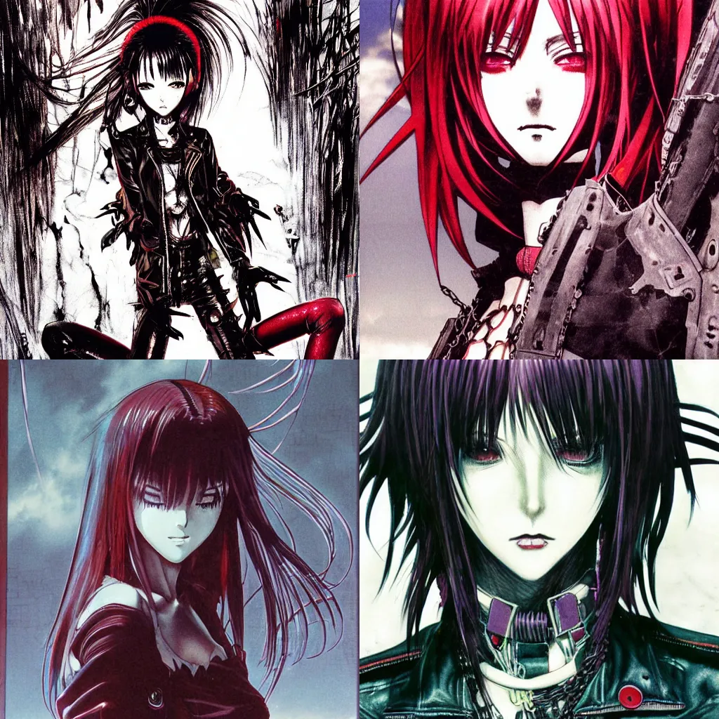 Prompt: highly detailed coherent professional 9 0 s seinen anime art of badass goth woman with red hair, leather clothes, black makeup. chunibyo. horror postcyberpunk action manga cover promotional art. detailed and intricate environment. drawn by ilya kuvshinov and painted by zdzislaw beksinski, pencils by tsutomu nihei
