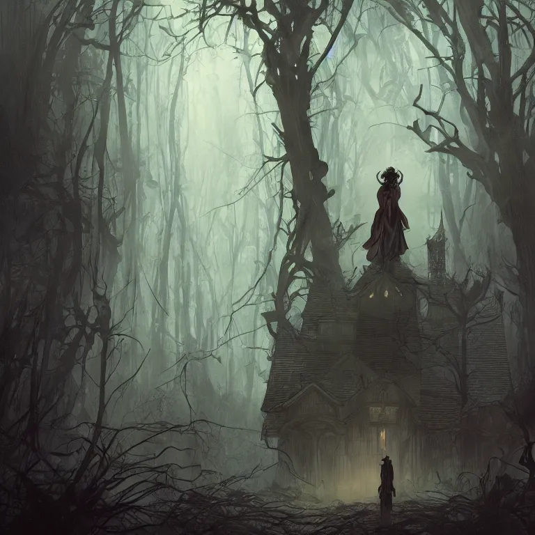 Image similar to a lone figure standing in front of a haunted victorian house in a dense dark forest, concept art, by Peter Mohrbacher and Alphonse Mucha, detailed, style, 8k, trending on artstation, unreal engine 4k, detailed, clean background trending, full shot, symmetrical portrait, sophisticated, Unreal engine, dystopia, anti-utopia, post processing, psychadelic